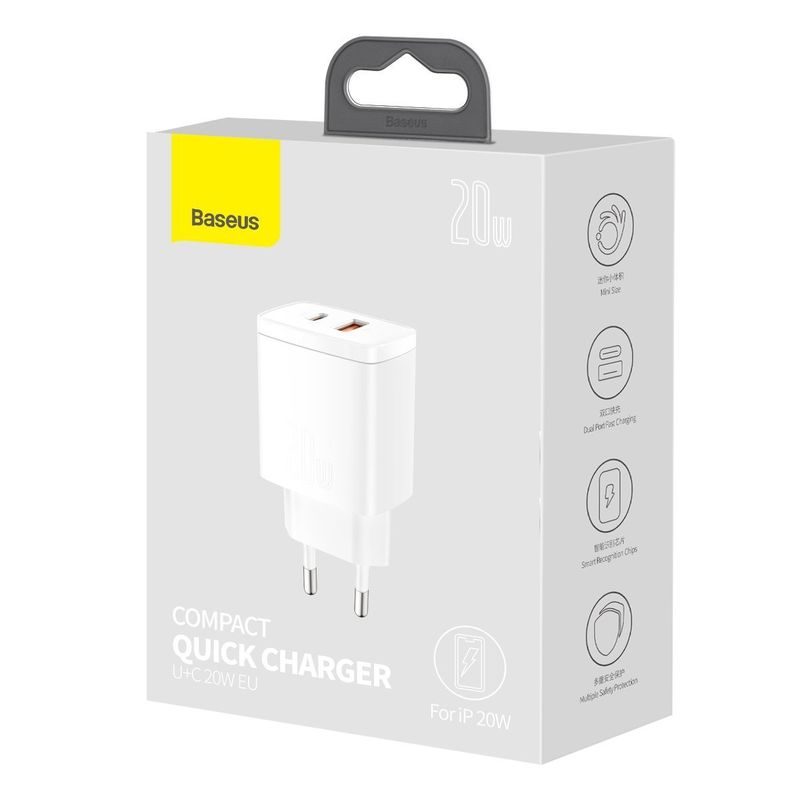 Ładowarka sieciowa BASEUS COMPACT QC USB-USB-C 20W BIAŁA/WHITE