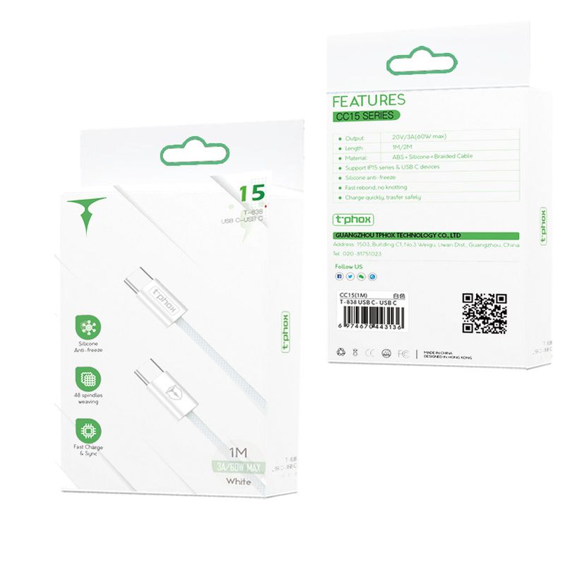 KABEL T-PHOX CC15 SERIES USB-C/USB-C 60W 3A WHITE