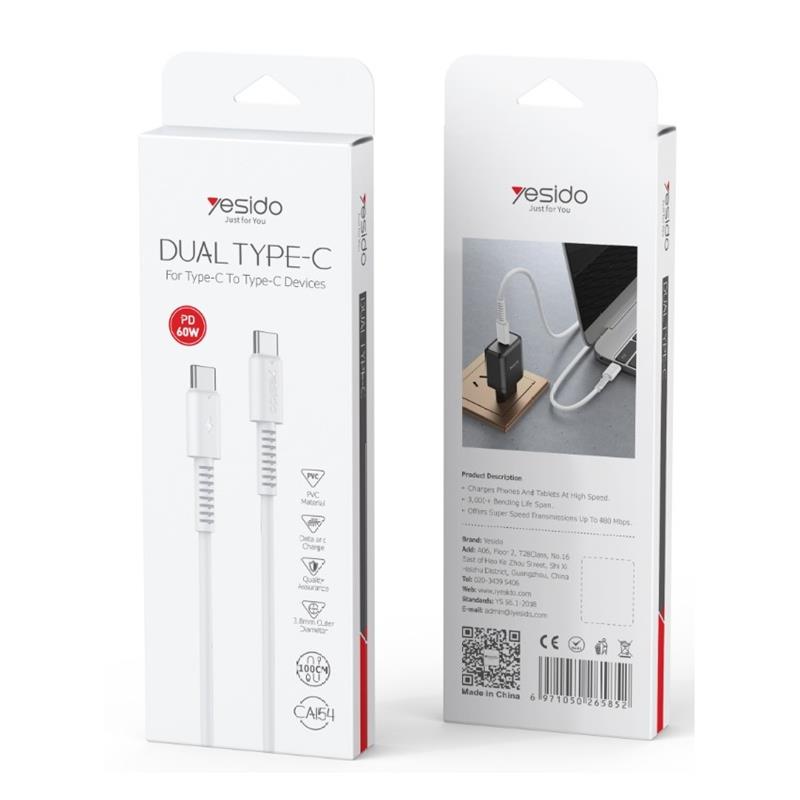 Yesido Kabel CA154 PD 60W Type-C/Type-C 1m PVC 3A, WHITE / BIAŁY
