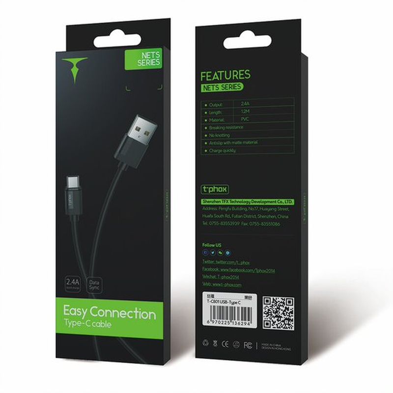 KABEL T-PHOX NETS TYPE-C BLACK 3A ; PVC ; 2M