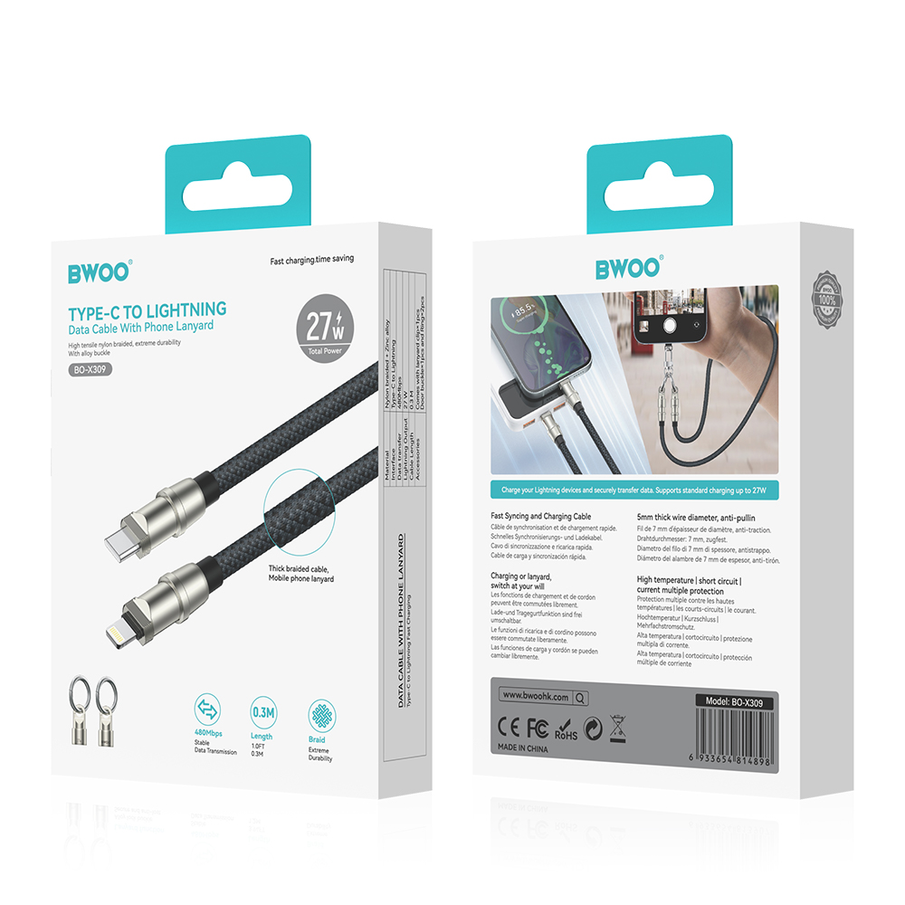 BWOO kabel Smycz USB-C - USB-C 0,3m 60W zawieszka