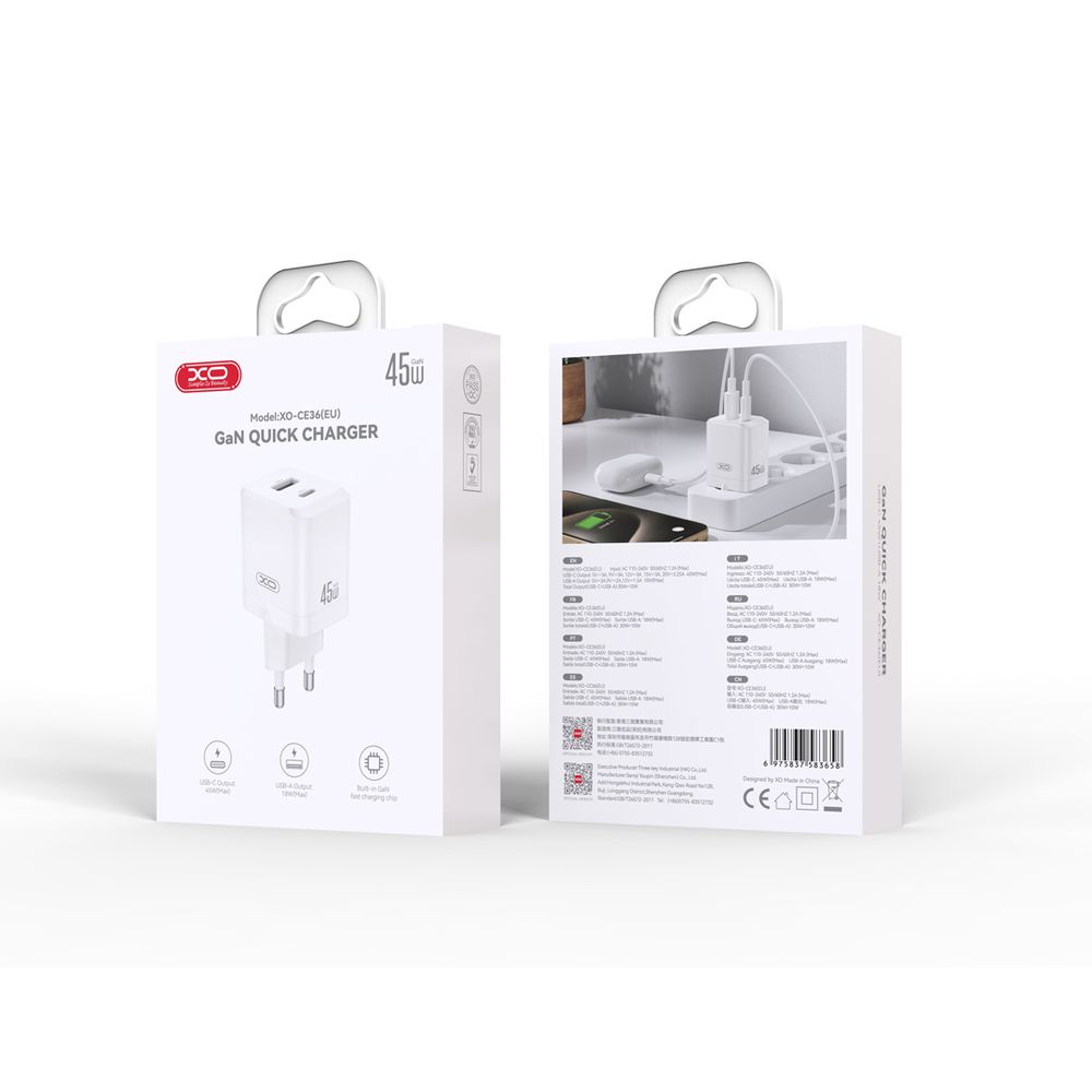 XO ładowarka sieciowa CE36 PD 45W 1xUSB-C 1xUSB BIAŁA