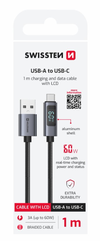 KABEL SWISSTEN LCD USB/USB-C 1m z wyświetlaczem
